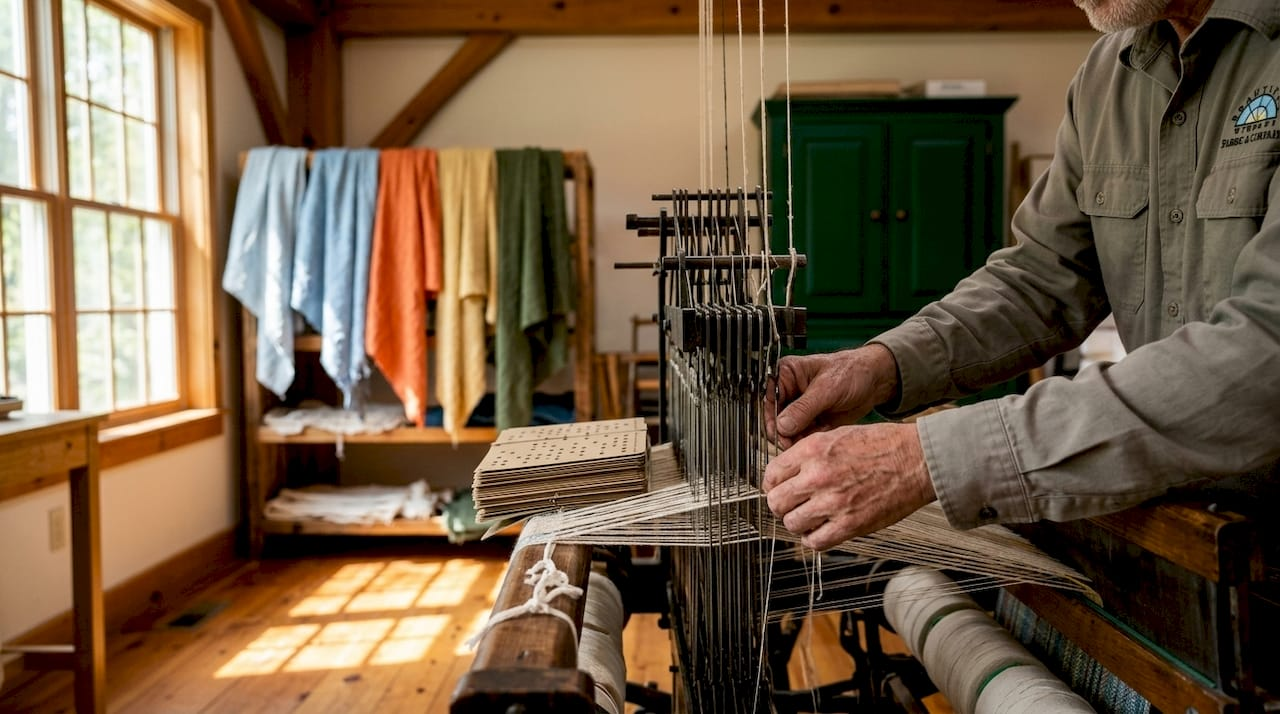 Hands weaving jacquard fabric on loom