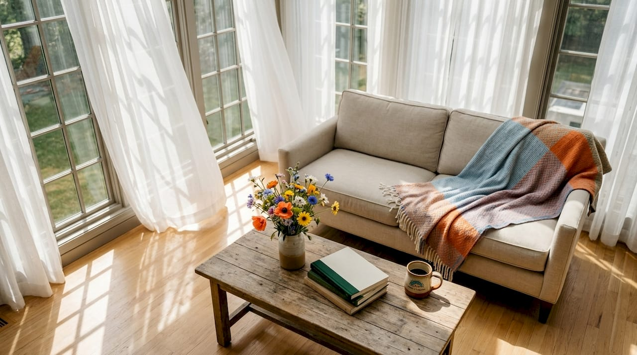 Sunlit living room with sheer fabric curtains