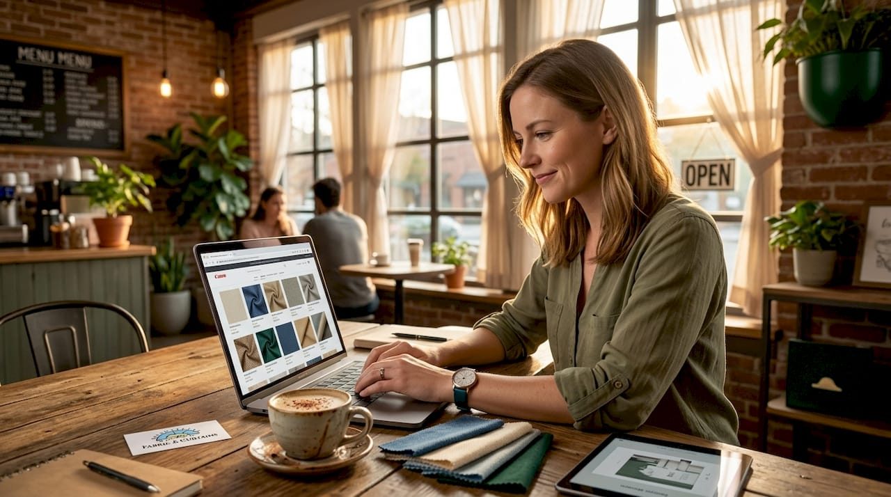 Woman ordering fabric samples online at kitchen table