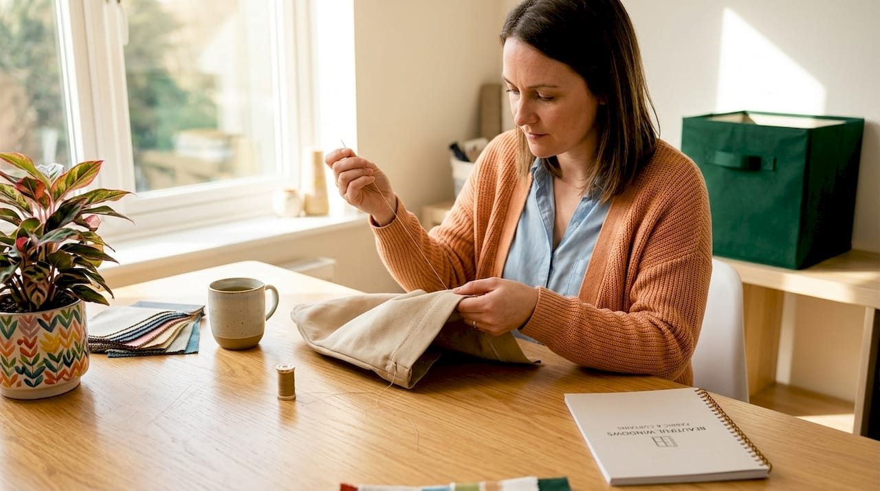 Woman sewing durable utility fabric at home