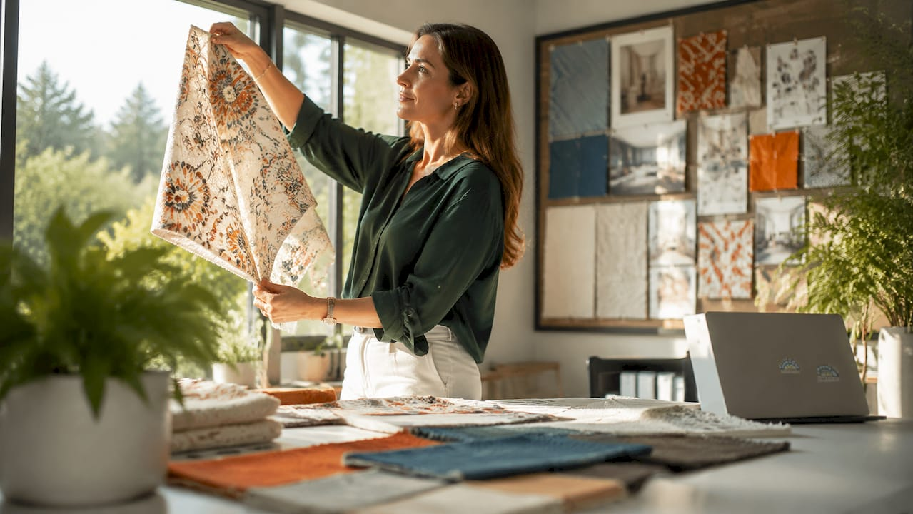 Designer examining embroidered textile samples in living room