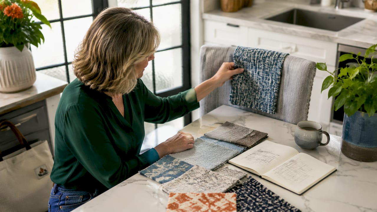 Woman comparing fabric swatches on sofa cushion