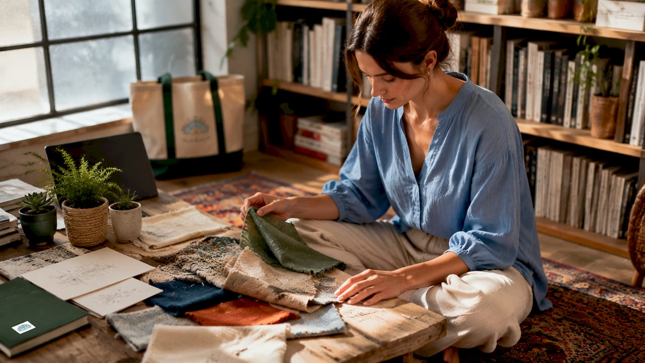 Designer examining sustainable fabric swatches