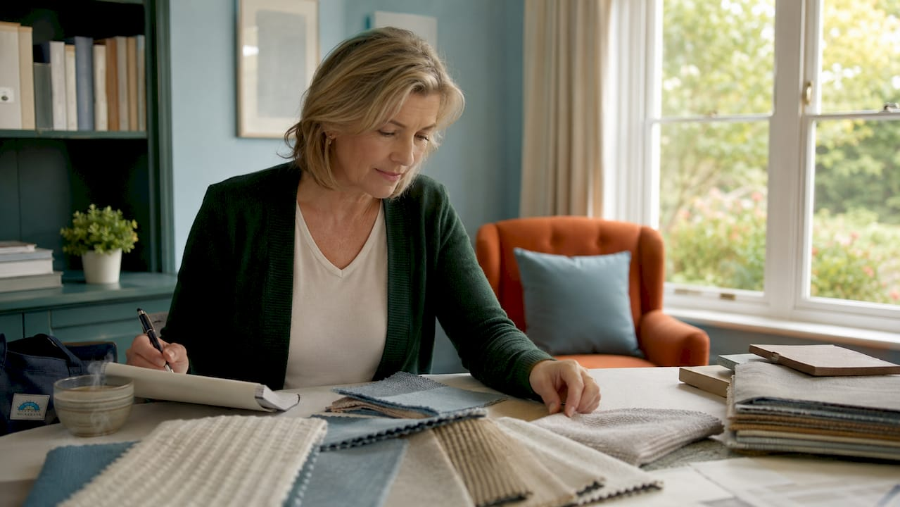 Designer examining upholstery fabric swatches