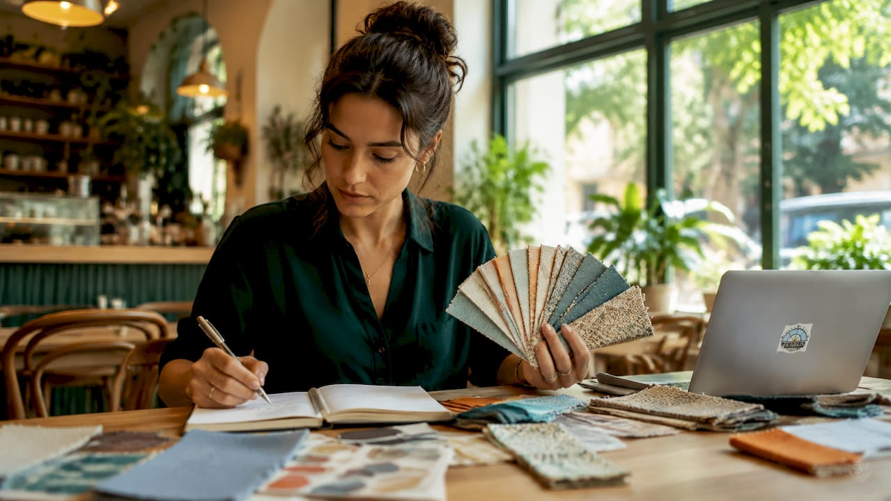 Designer evaluating fabric samples at table