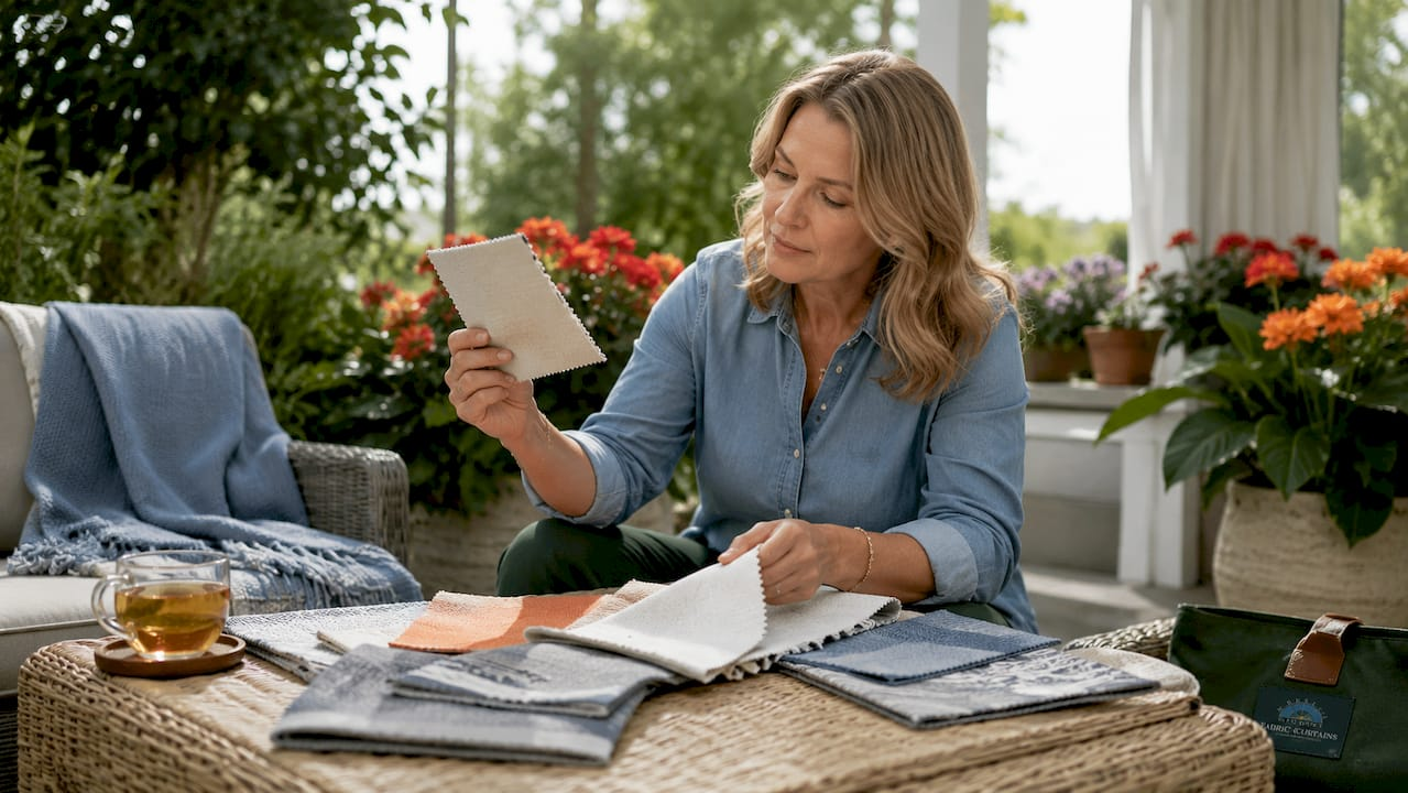 Homeowner assessing upholstery fabric swatches
