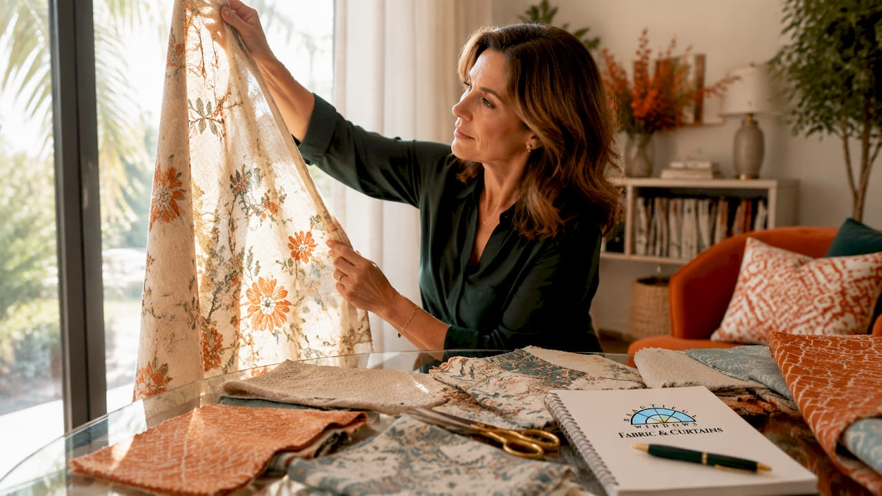 Designer inspecting patterned curtain fabric samples