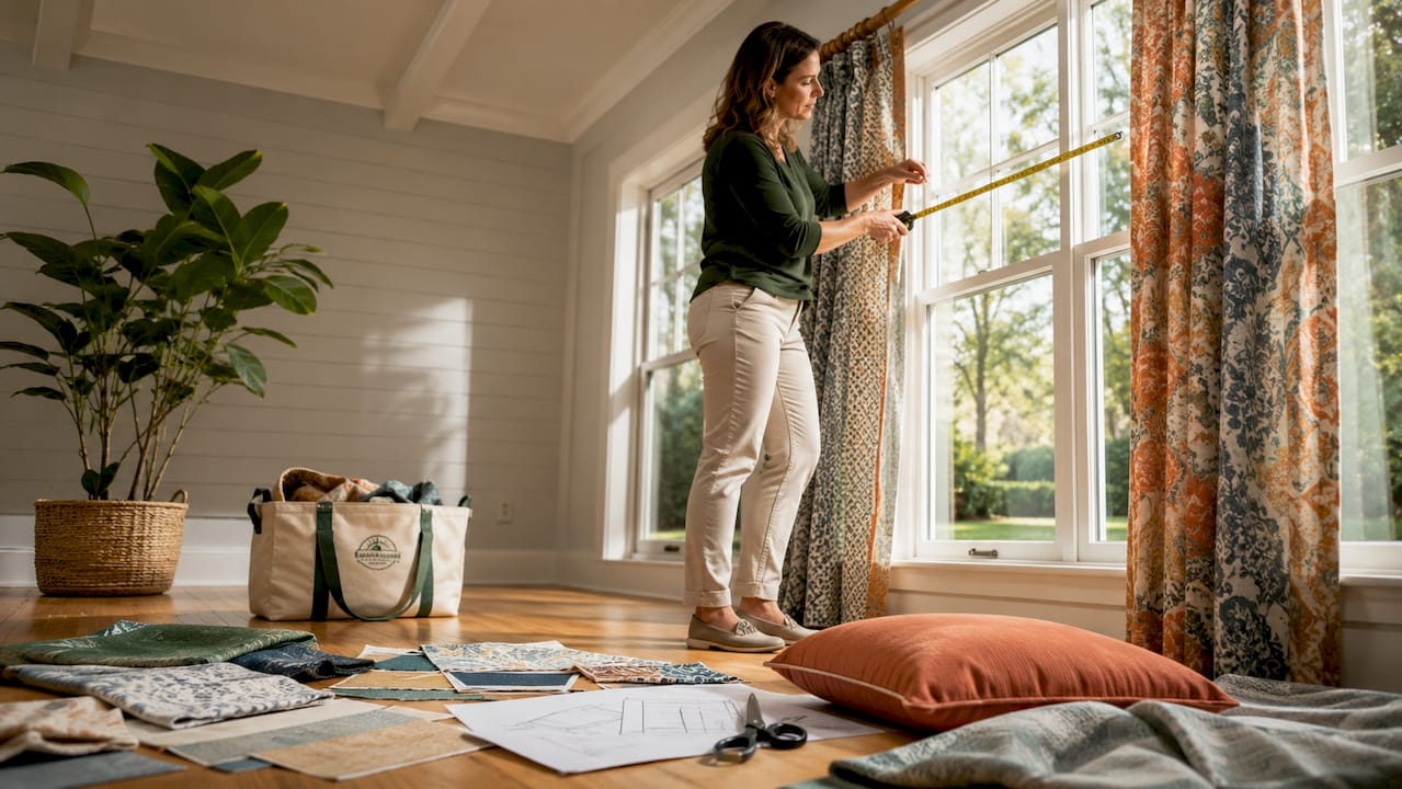 Designer measuring window fabric yardage