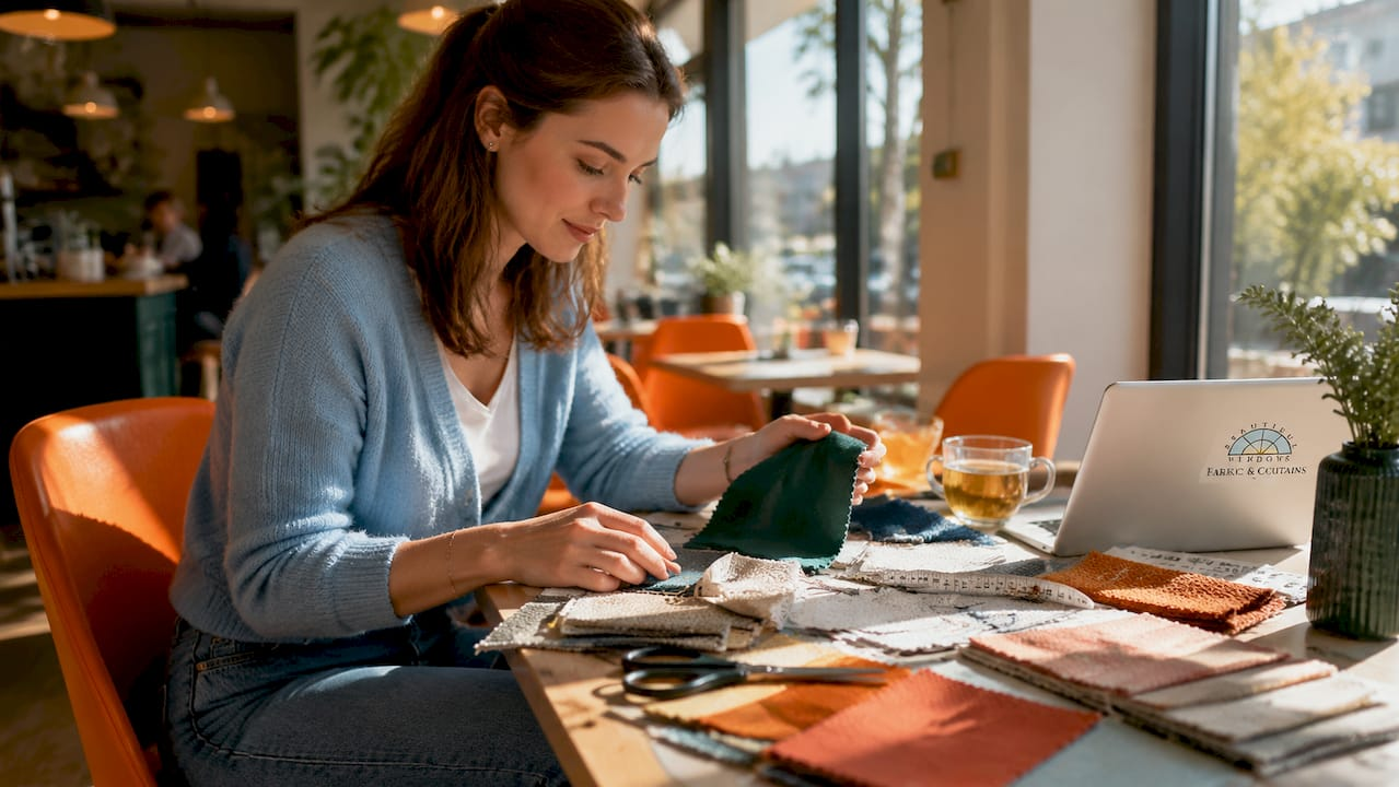 Woman selecting fabric swatches at home table