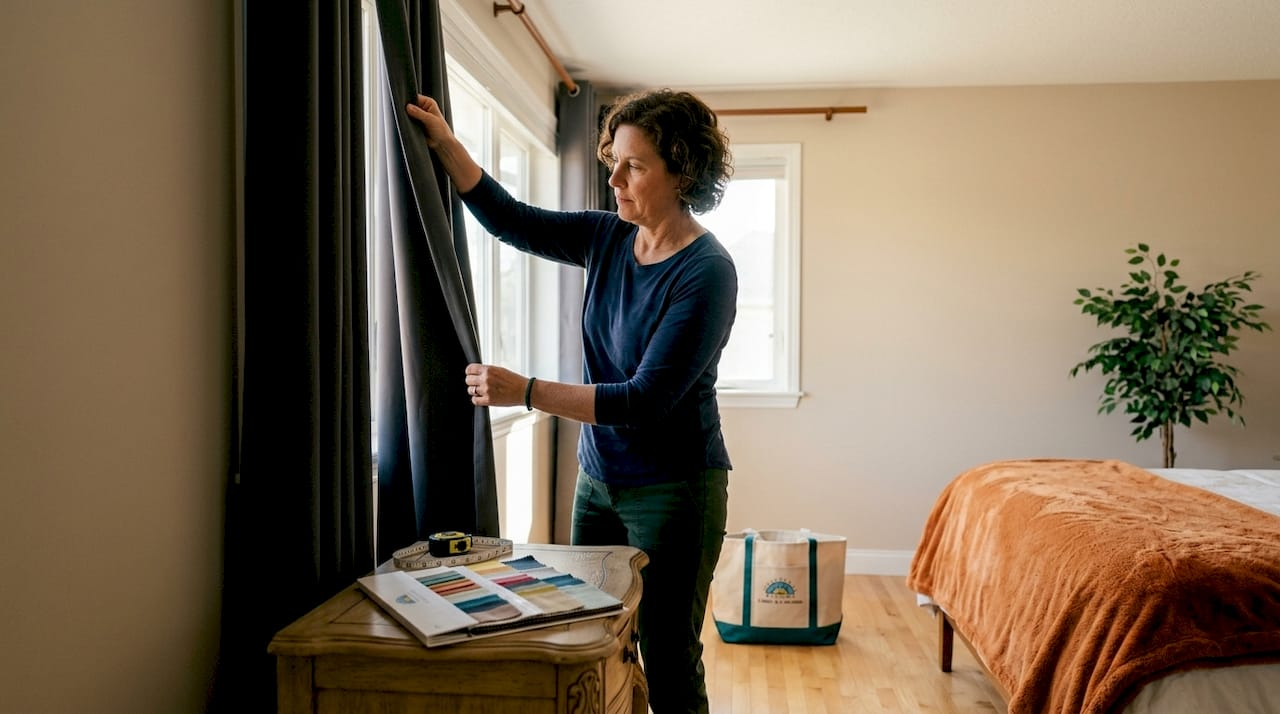 Woman installing blackout curtain panel indoors