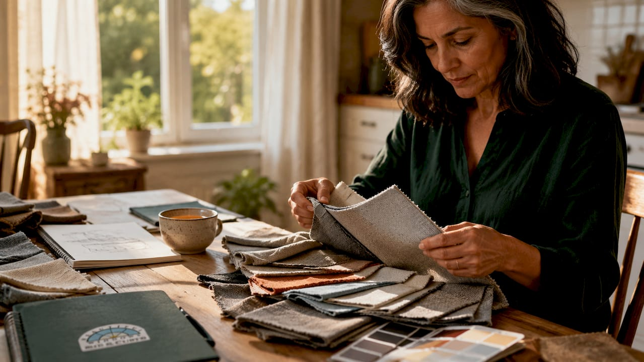 Woman arranging fabric samples in sunroom