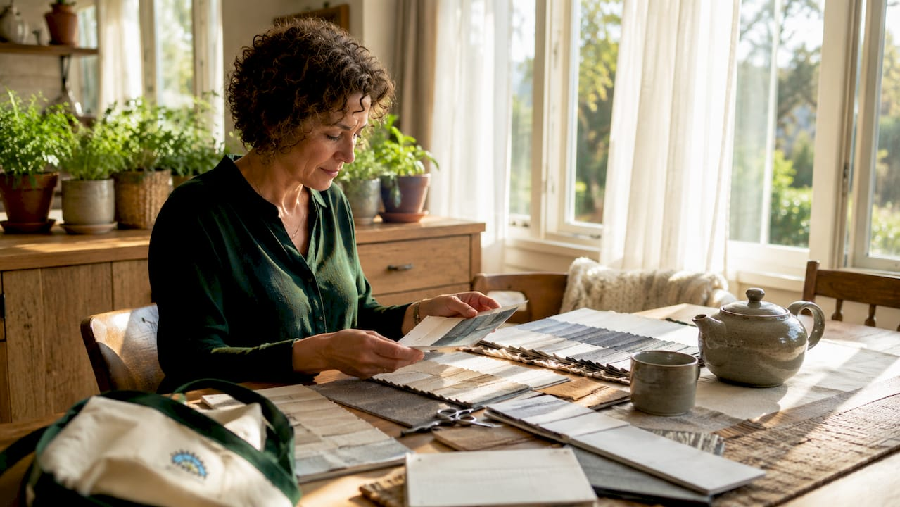 Woman selecting custom window treatment fabrics at kitchen table