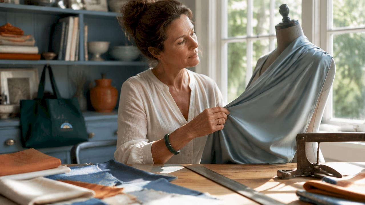 Textile expert examining silk fabric drape