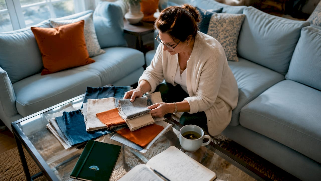 Woman reviewing upholstery fabric swatches