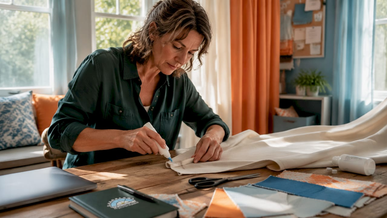 Decorator applying fabric glue to curtain hem