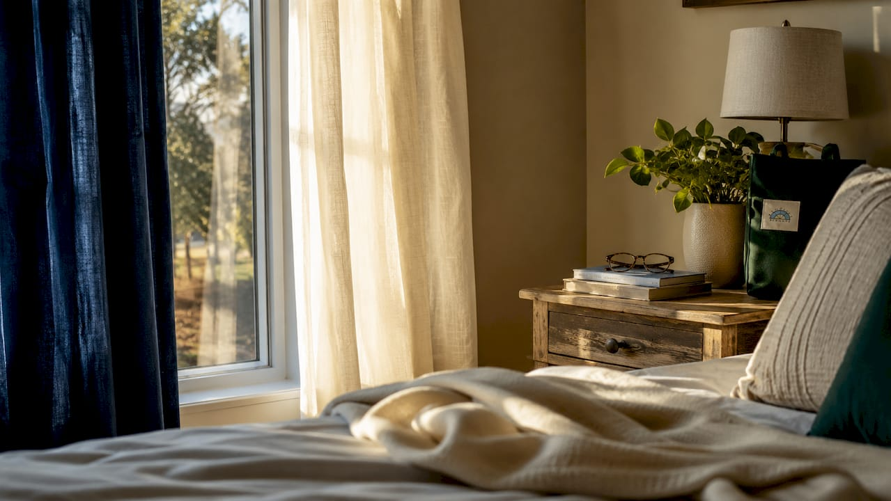 Living room with velvet and linen curtains side by side