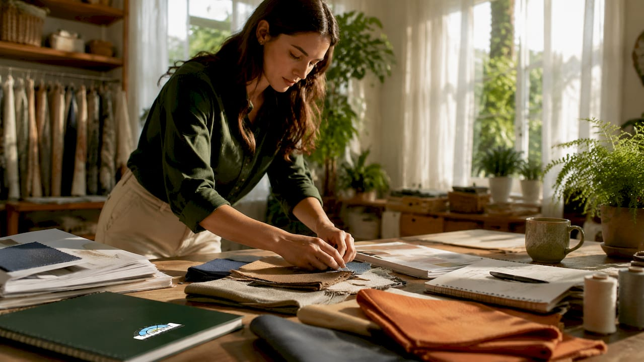 Interior designer comparing fabric samples at home studio