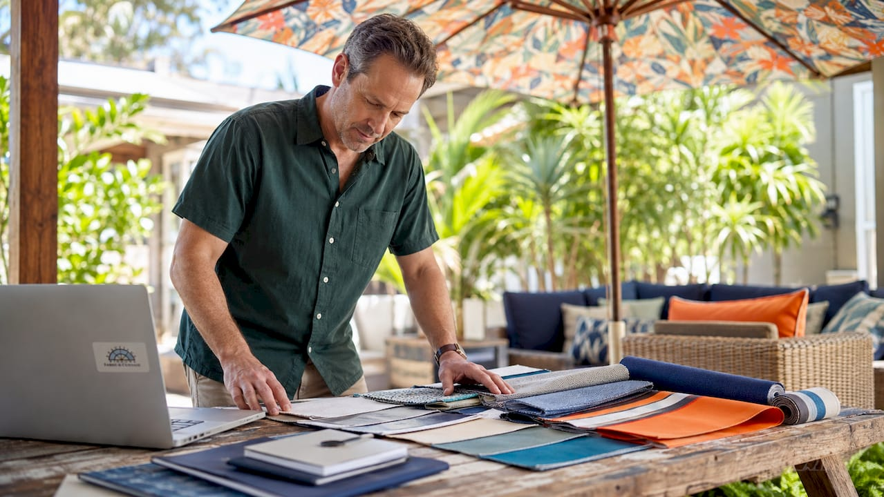 Expert reviewing marine fabric swatches