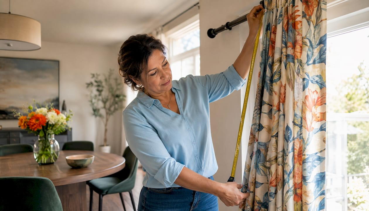 Woman measuring curtain rod length indoors