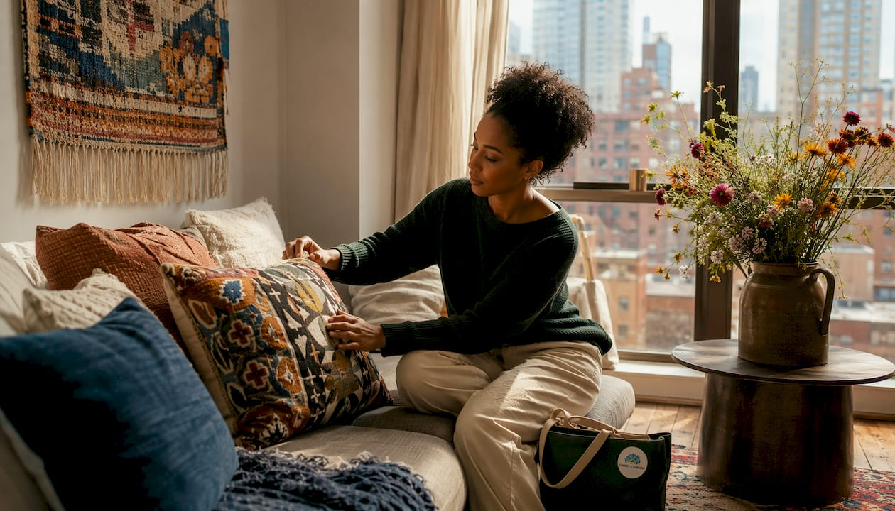 Woman arranging decorative textiles on sofa pillows