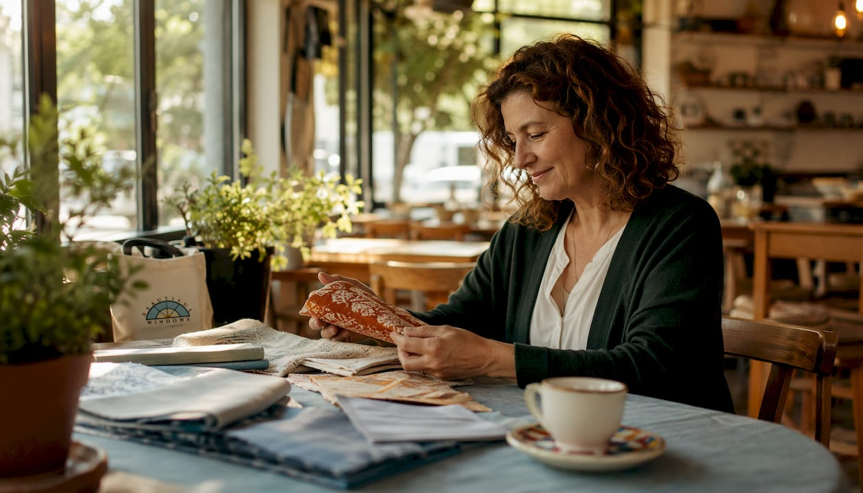 Woman examining fabric swatches at kitchen table