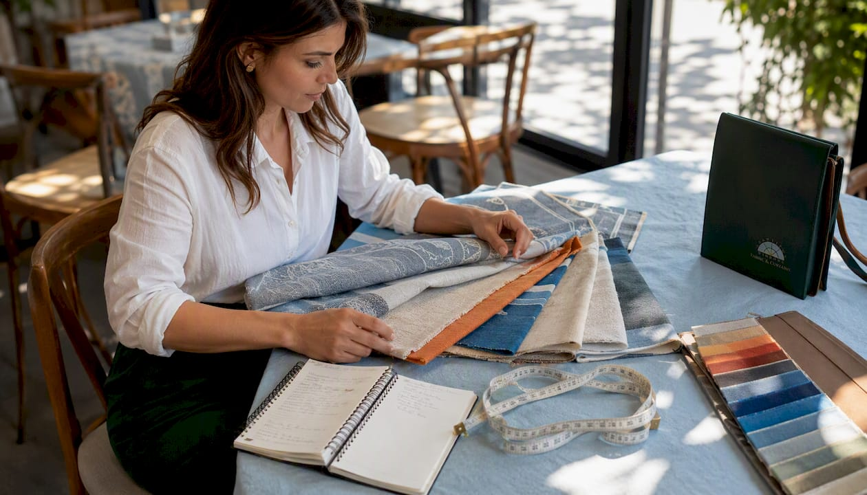 Designer reviewing upholstery fabric swatches