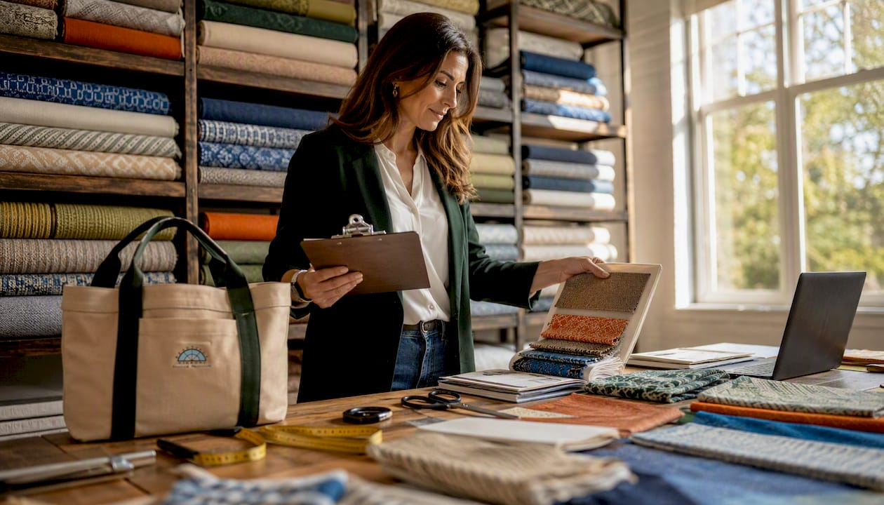 Professional selecting upholstery fabrics in workroom
