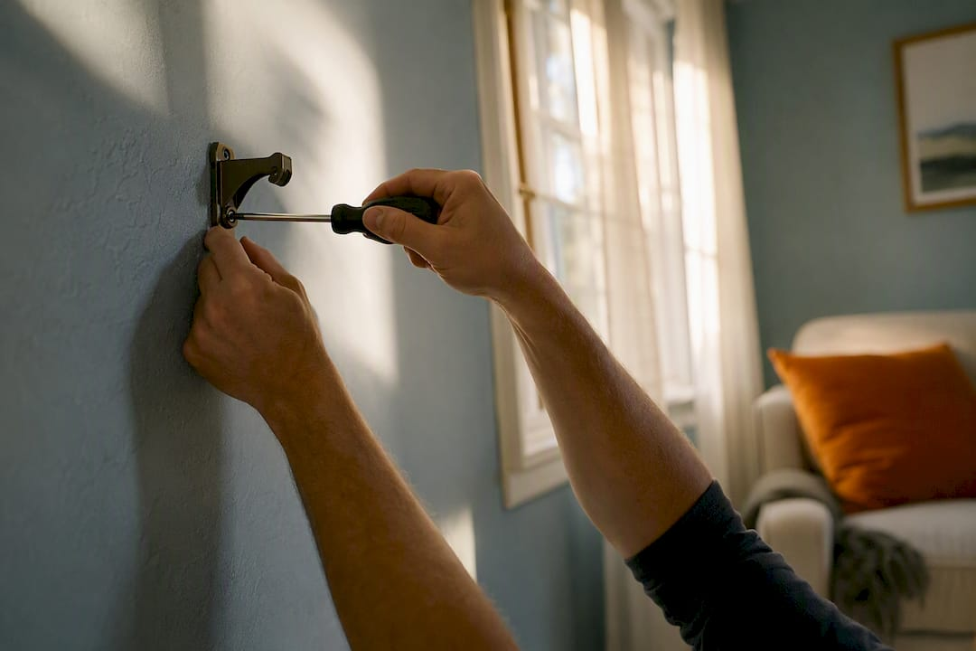 Hands mounting curtain rod brackets indoors