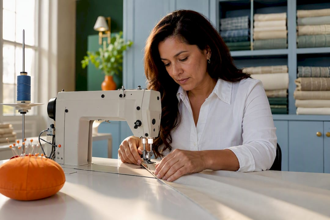 Technician sewing custom drapery fabric