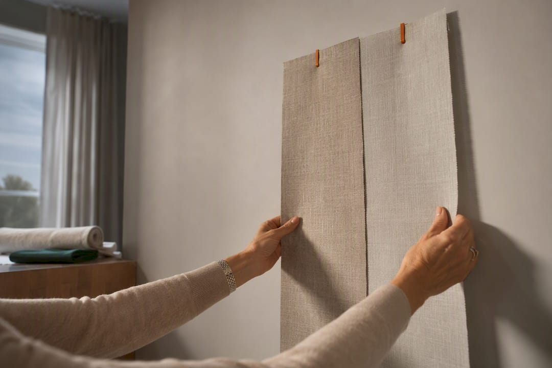 Full-size curtain swatches tested against wall color