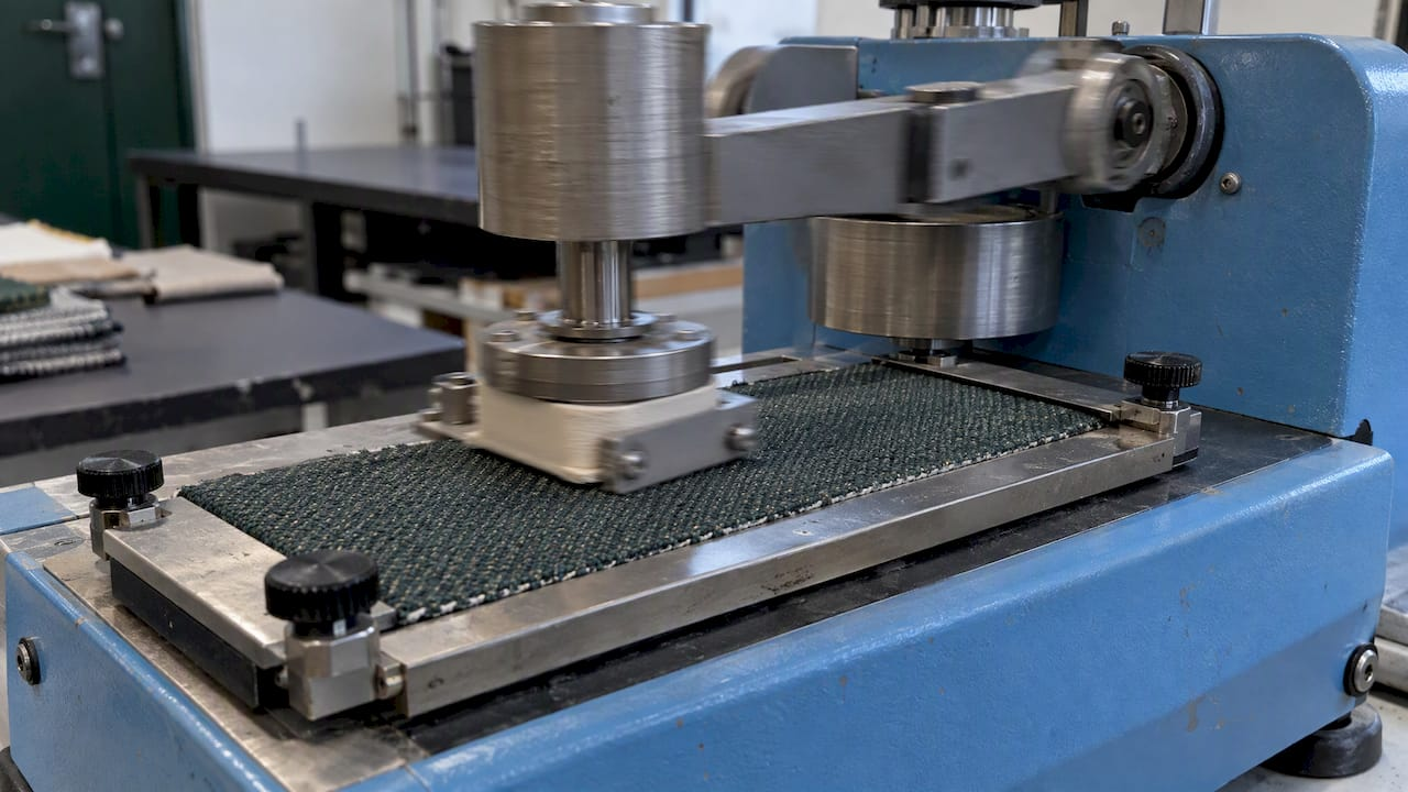 Fabric undergoing a Wyzenbeek abrasion test