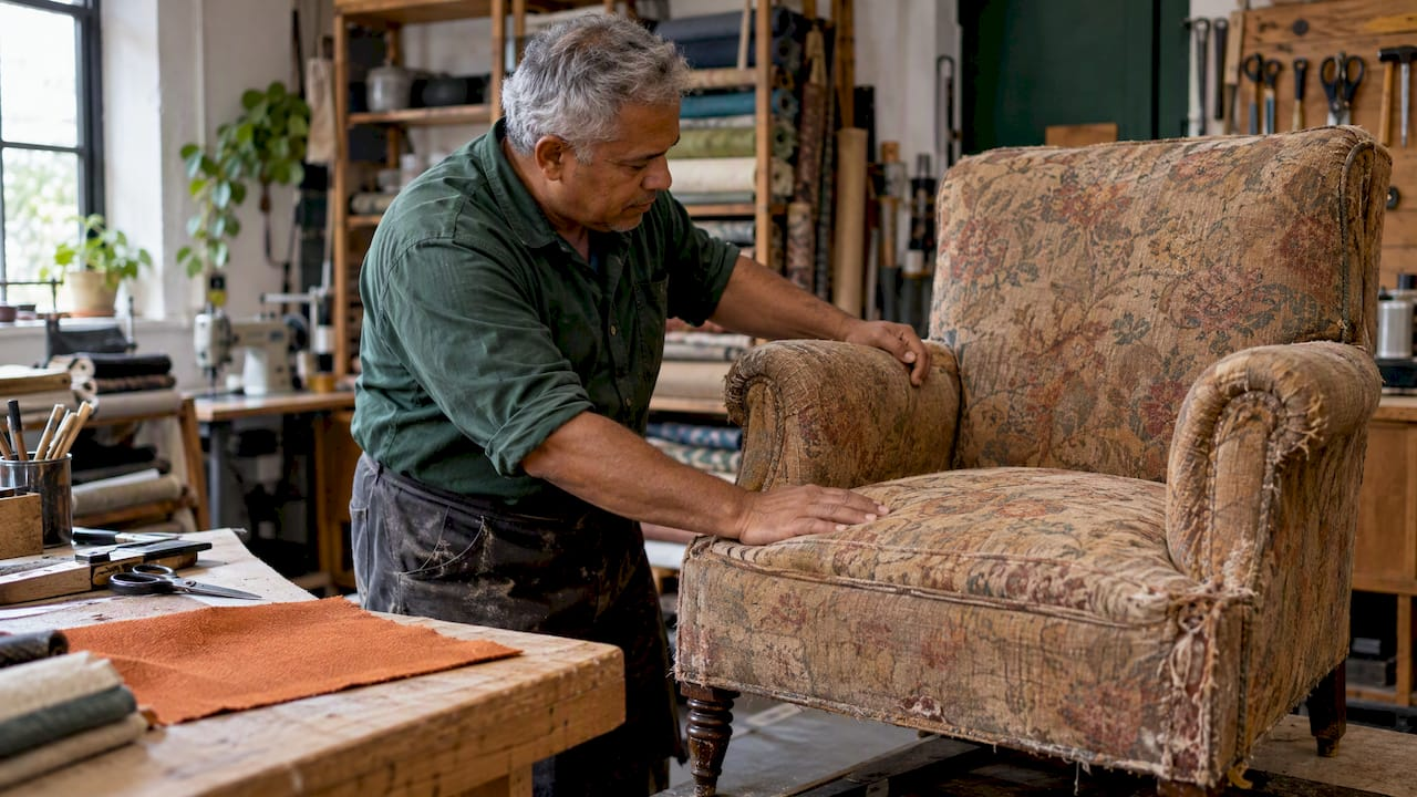 Upholsterer tests a worn chair frame