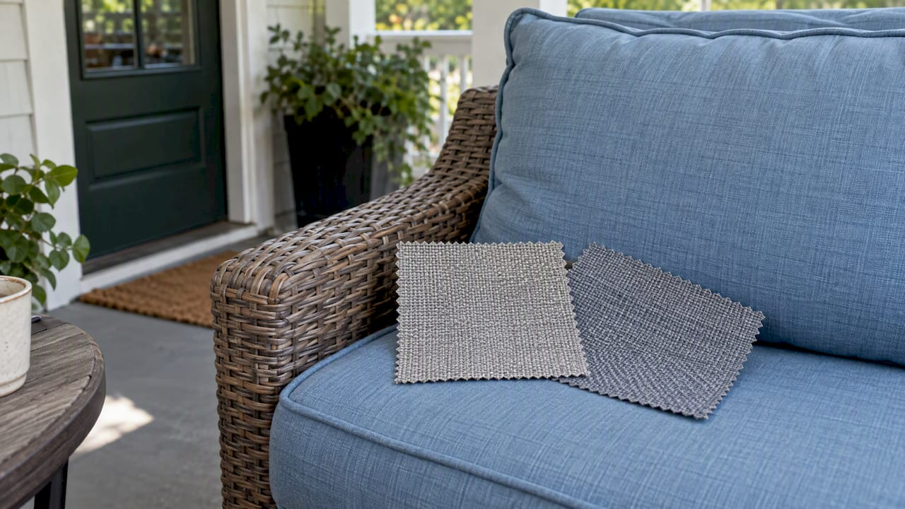 Two outdoor fabric swatches beside a blue cushion