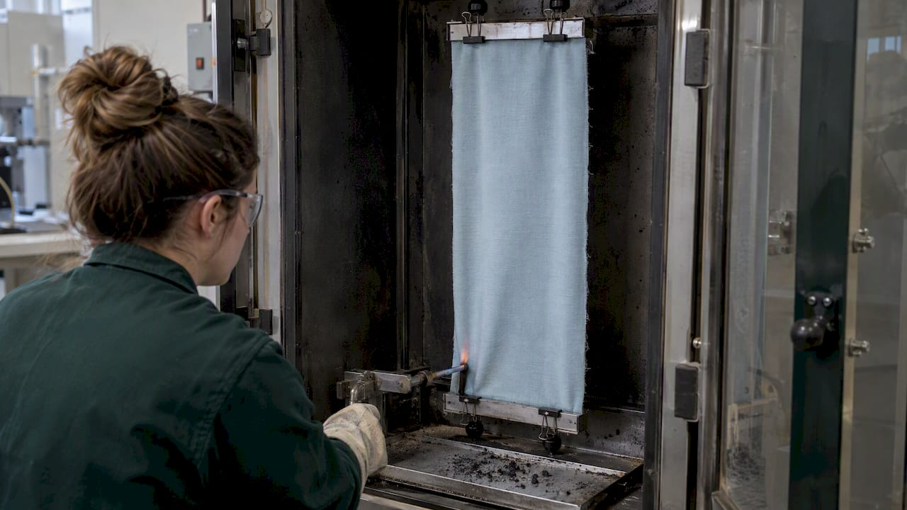 Drapery fabric specimen in a flame test chamber