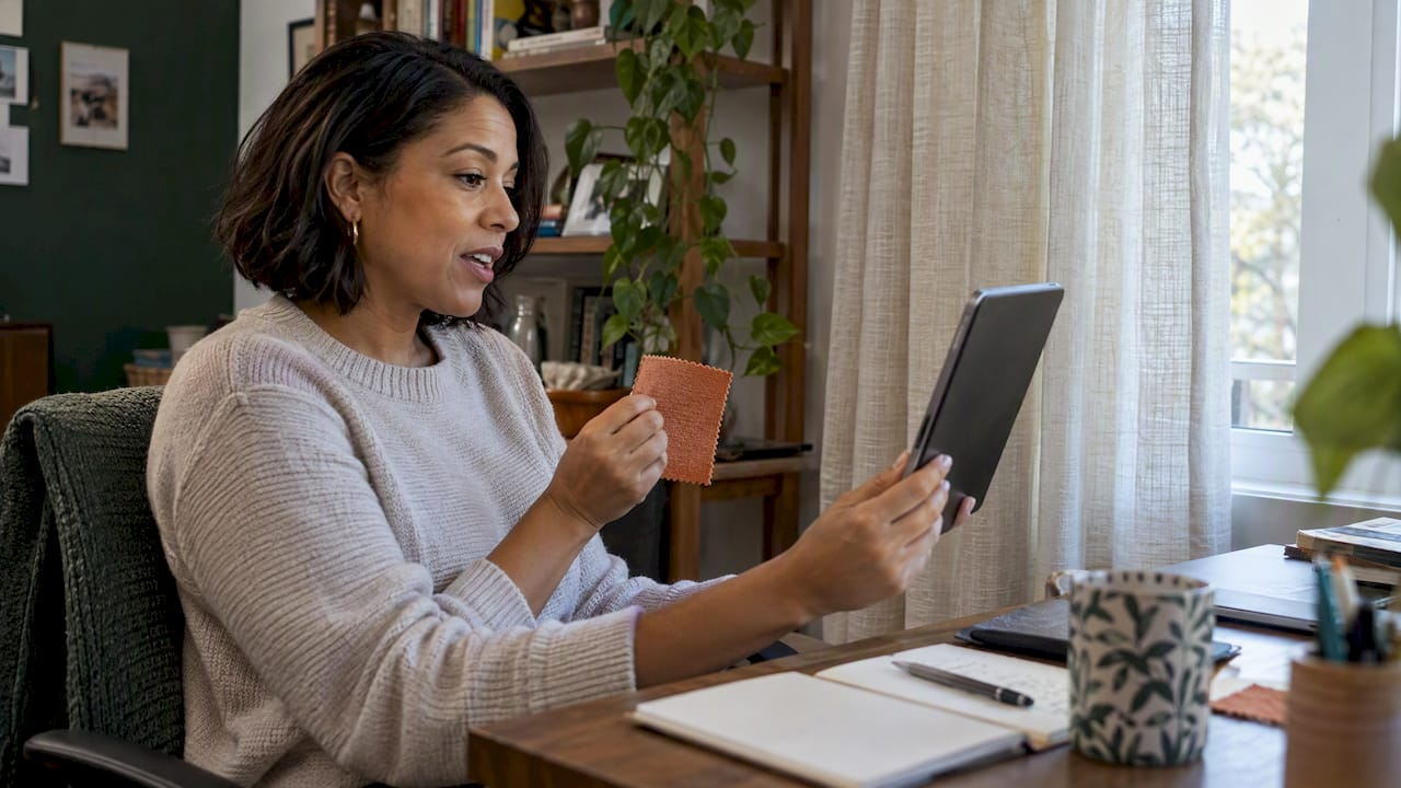 Homeowner comparing fabric during a virtual drapery consultation