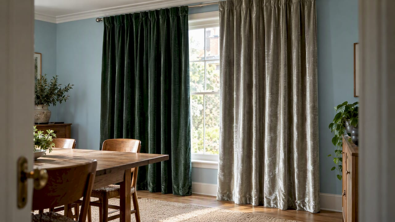 Cotton and polyester velvet curtains beside each other