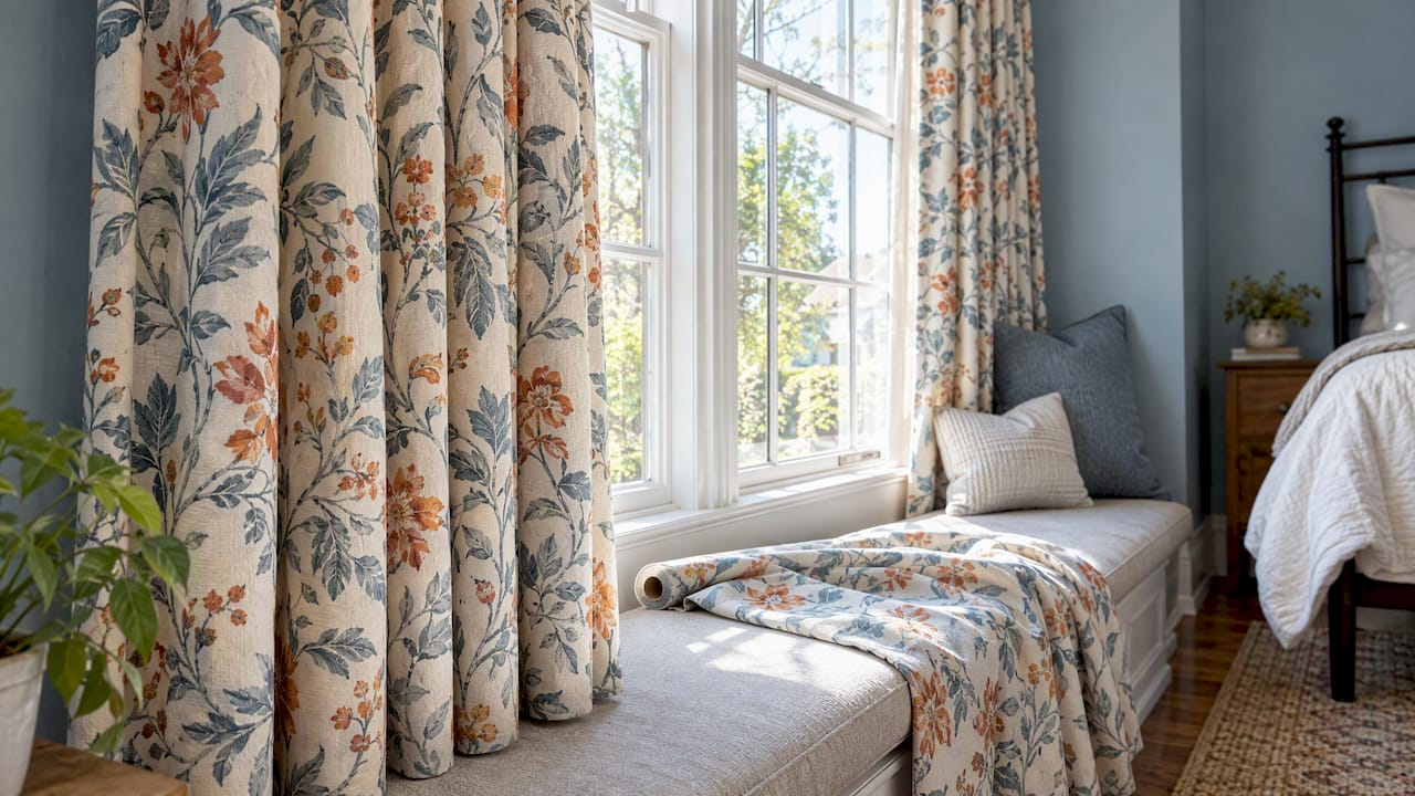 Lined custom drapery beside matching fabric yardage